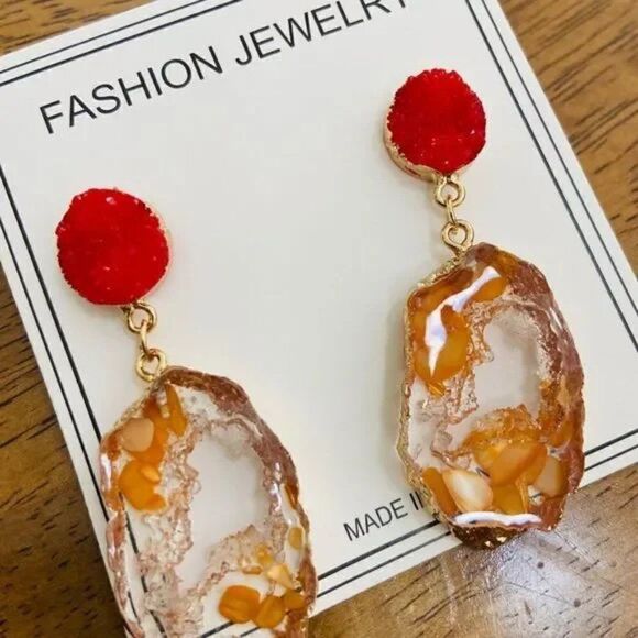 Color Block Orange Geode Inspired Women's Fashion Dangle Earrings - Picture 7 of 9